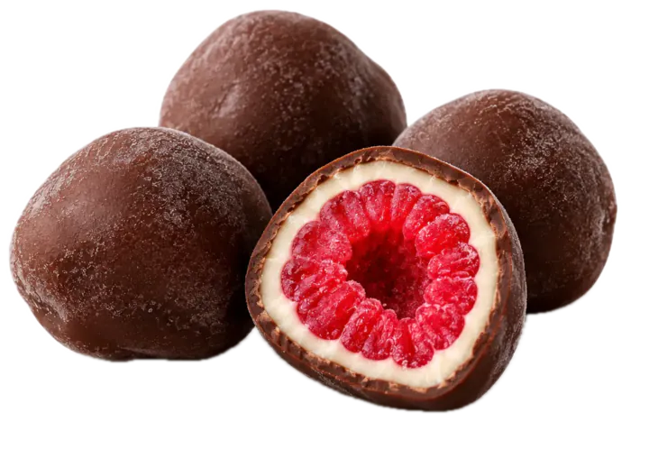 Four frozen raspberries in chocolate. One is cut in half: a red raspberry, a ring of white chocolate, a thin dark chocolate shell.