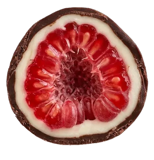 A piece cut in half: a thin dark chocolate shell, a thin layer of white chocolate, and the raspberry in the middle.