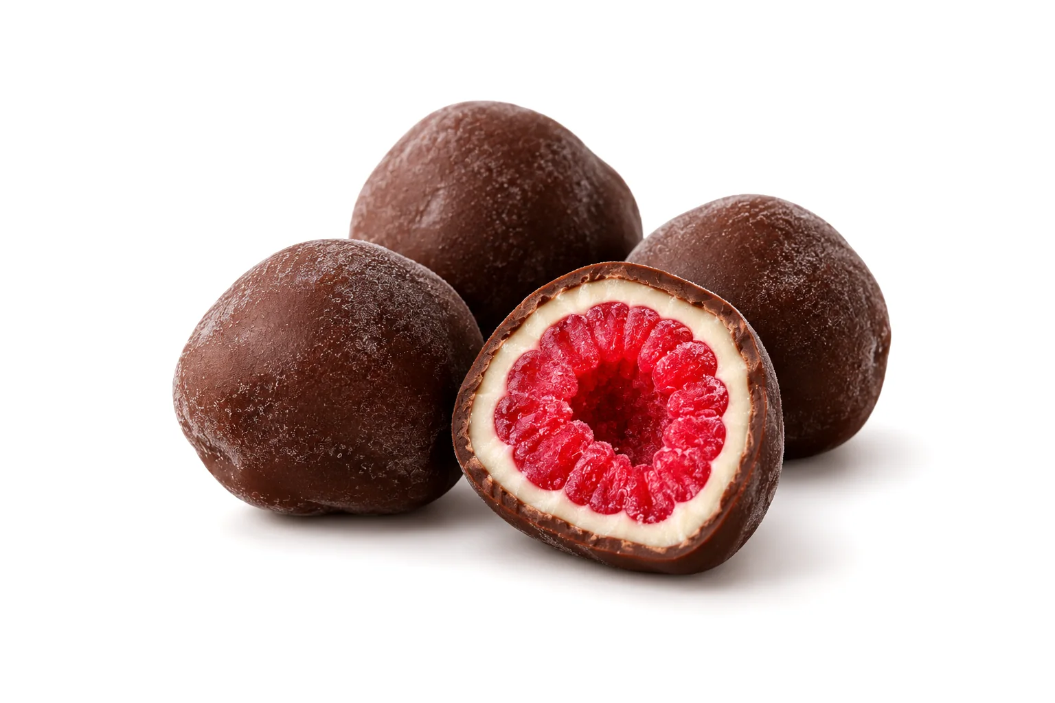 Four chocolate-covered raspberries; one cut open: the red raspberry, a ring of white chocolate, a shell of dark chocolate.