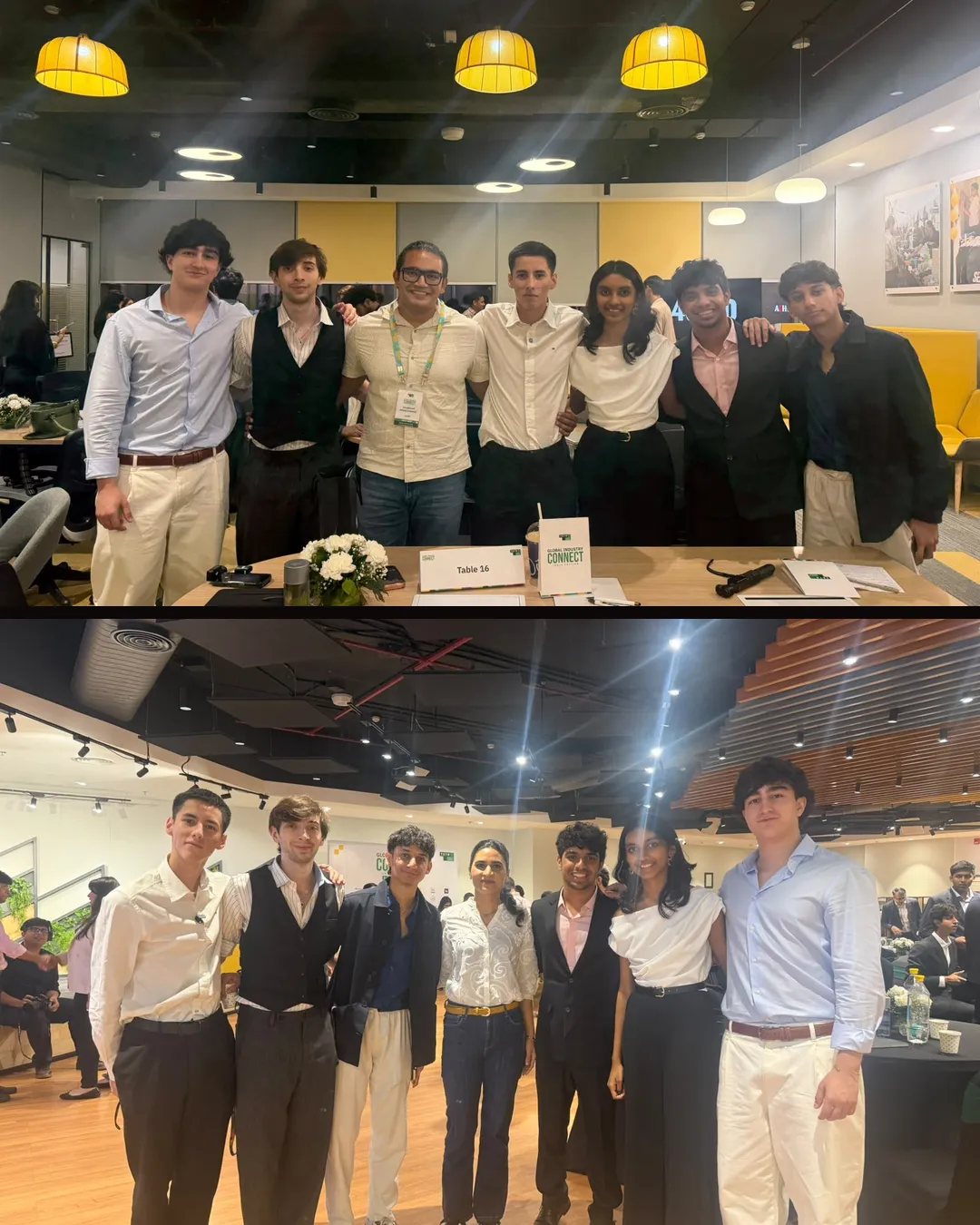 Two group photos of the team with the founders from India