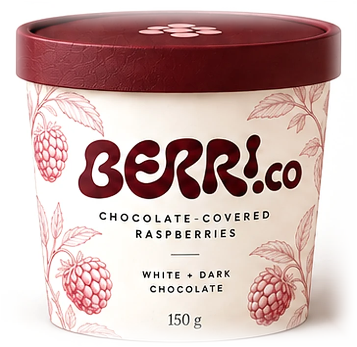 The Berri.co tub: cream with a burgundy lid, chocolate-covered raspberries, 150 g.