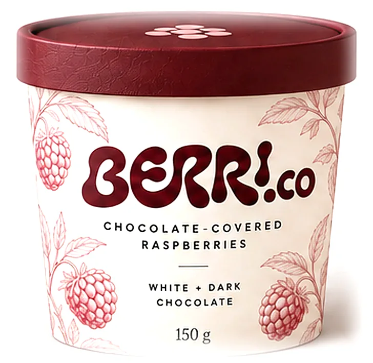 The Berri.co tub: cream paper printed with raspberry line art, a burgundy lid.