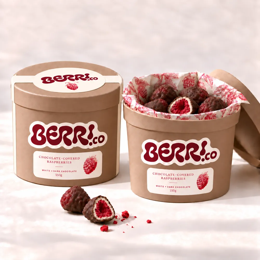 Two Berri.co tubs in kraft paper; one open, lined with raspberry-print paper and full of chocolate-covered raspberries.